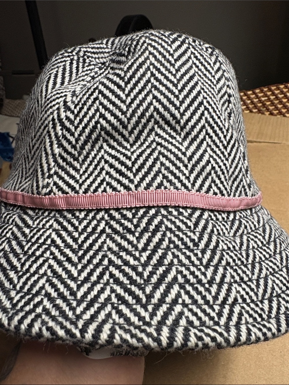 J. Crew Black & White Herringbone Bucket Hat with Pink Ribbon - Picture 4 of 16